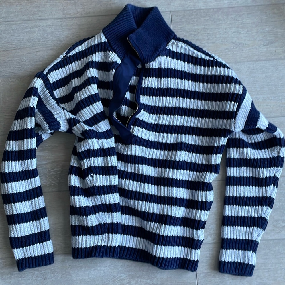 Outerknown Nautical Blue and White Zip Up Organic Cotton Sweater